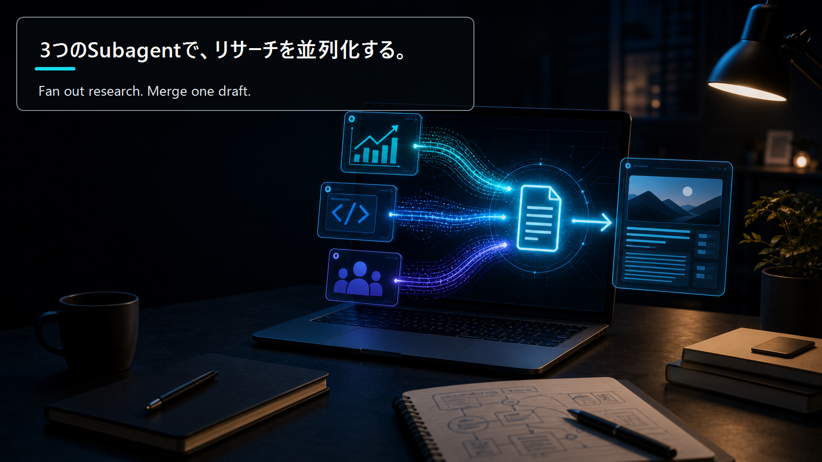 Claude Codeのsubagentを3並列で走らせてブログリサーチを分業し1本の記事に統合するアーキテクチャ図