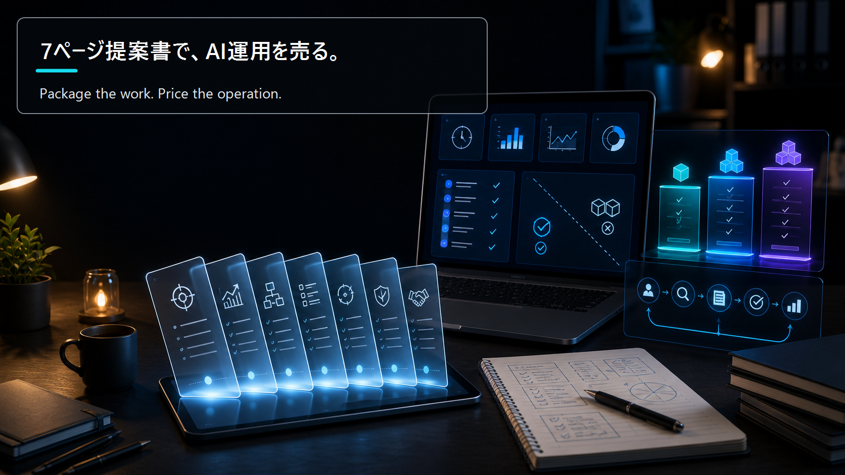 AI運用パッケージの7ページ提案書テンプレートを設計するクリエイターのデスク